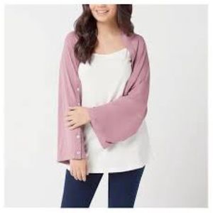 LOGO by Lori Goldstein Rayon 230 Shrug with Button Sleeve Detail